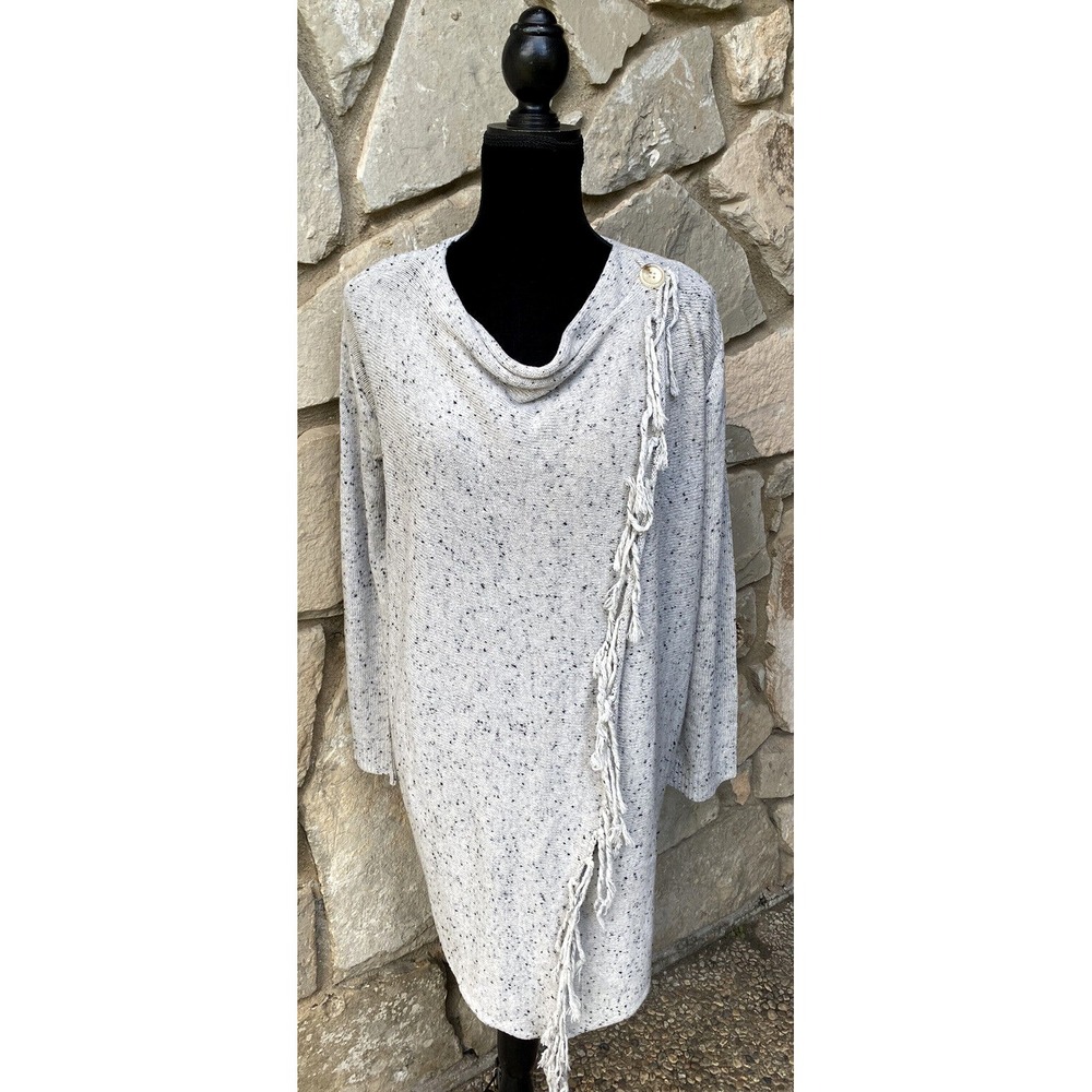MissLook Long Cardigan Sweater Medium Beige Tweed One Button Crossover Fringe